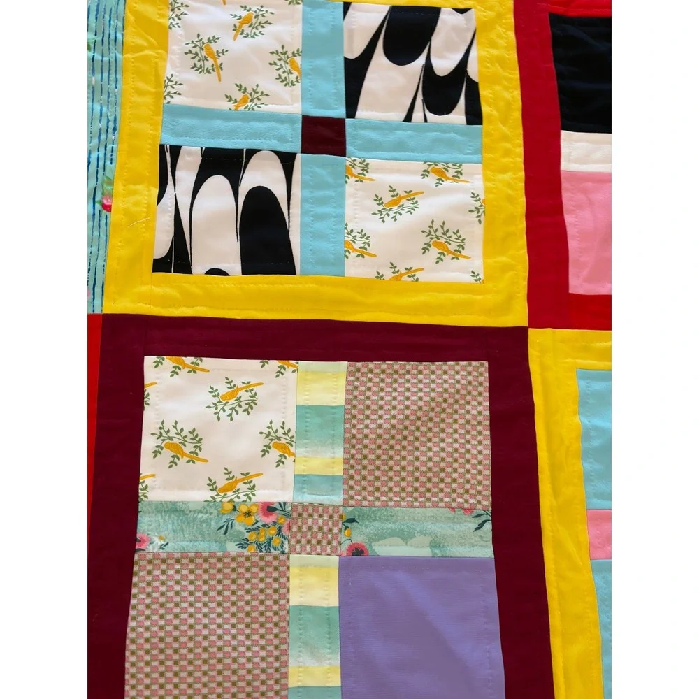 Handmade Patchwork Quilt Multi Color Block Floral Geometric Folk Art APROX 88x72
